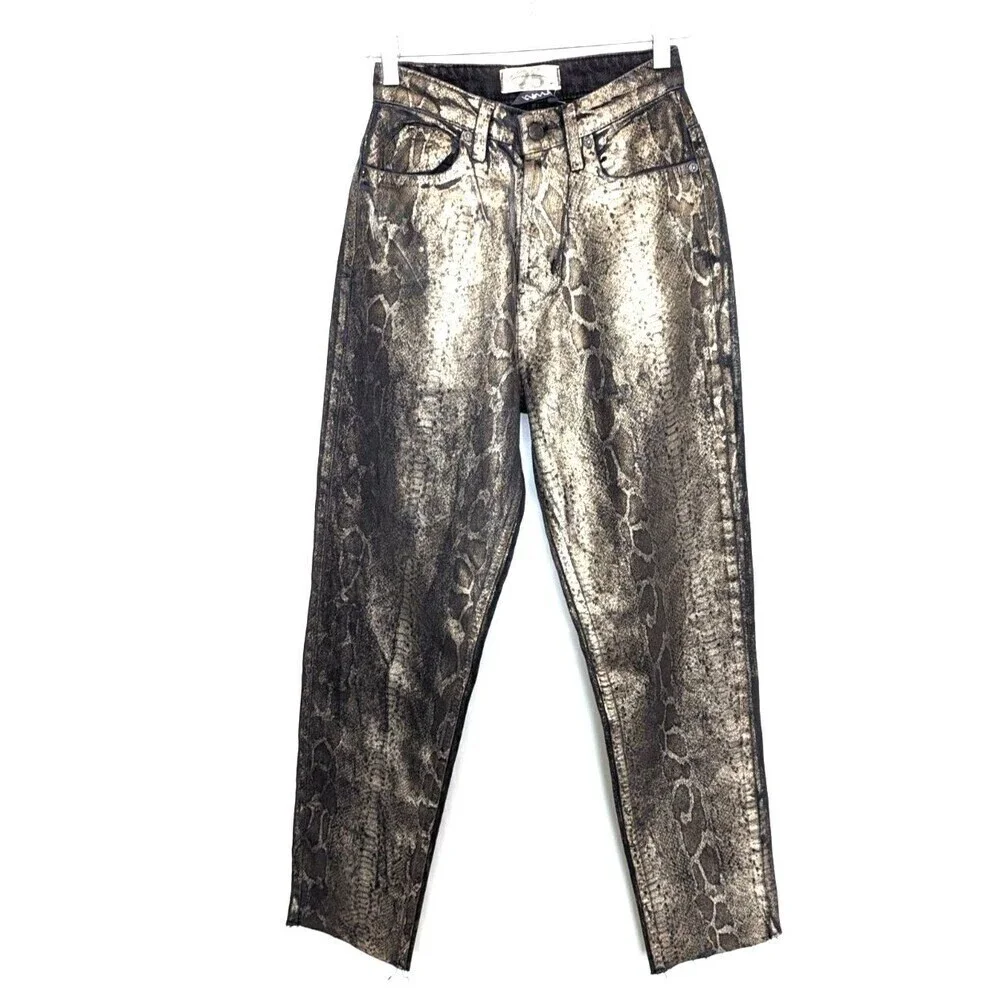 Free People Crvy‎ Georgina Pants Women Size 25 Gold Foil Straight Leg Snake Club